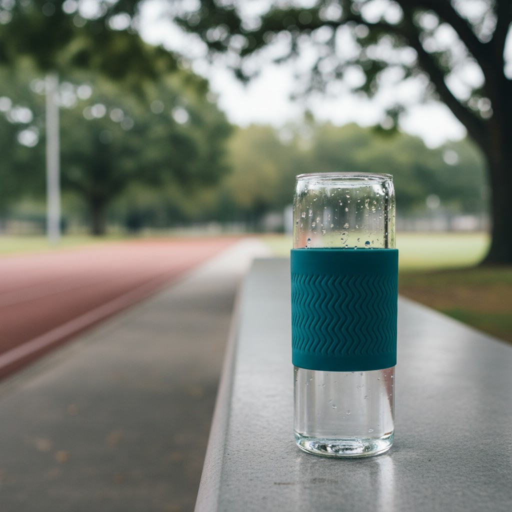 Een glas met water op een paaltje bij een baan in een park. alt="A glass with water on a bar in a running track of a park."