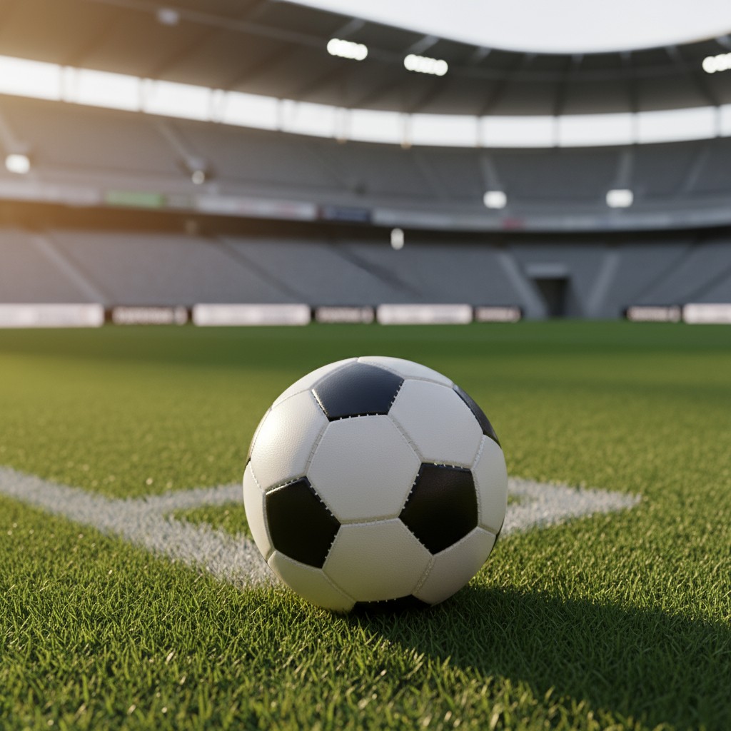 A close-up image of a soccer ball on a green soccer field in front of a brightly lit, empty football stadium.