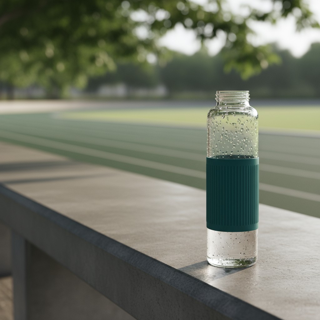 In dit beeld prijkt een glazen waterfles met een groene afstotende band, die nog niet compleet is leeg, bij een lange bank...